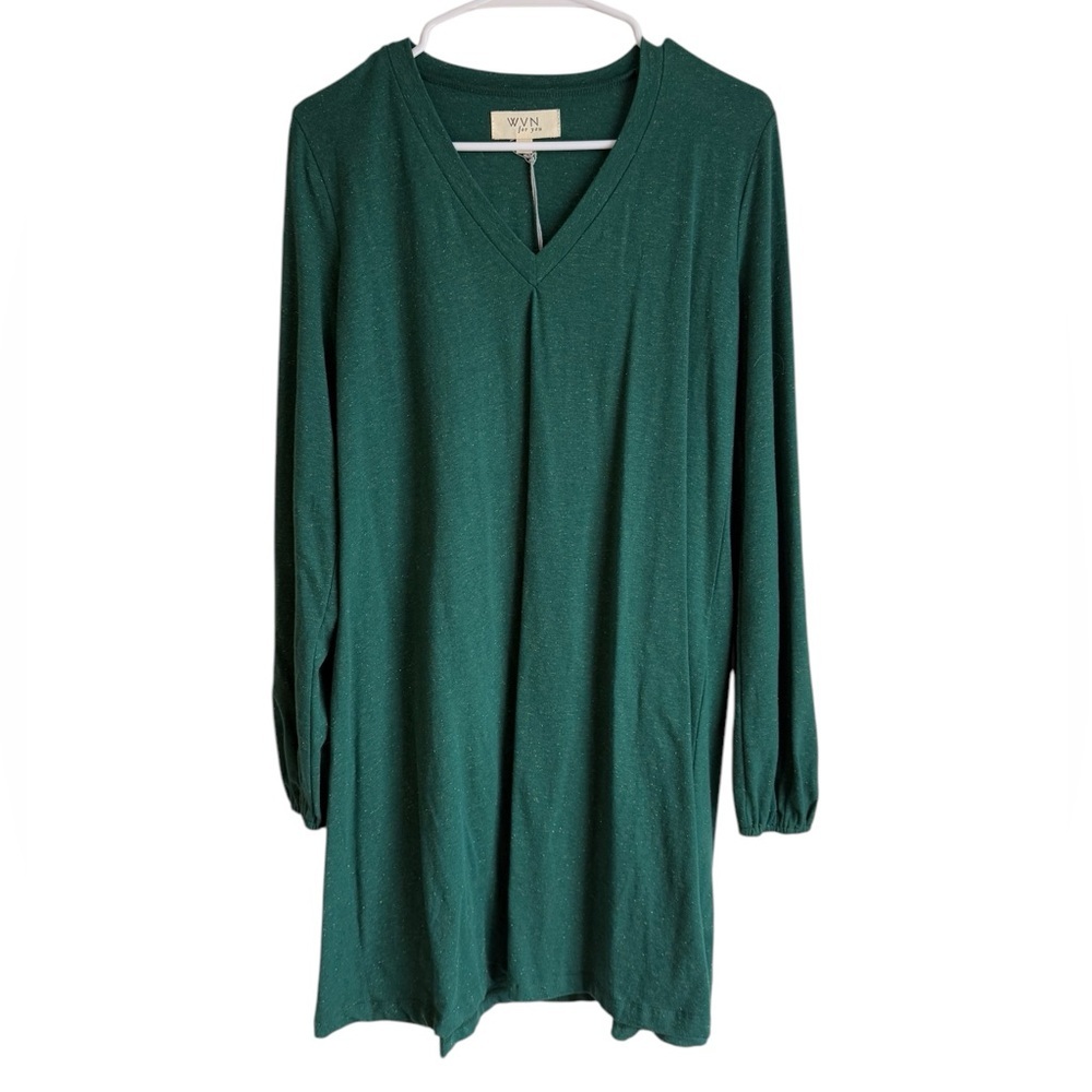 WVN For You Serena Long Sleeve Green V Neck Shift Dress Size Small NWT